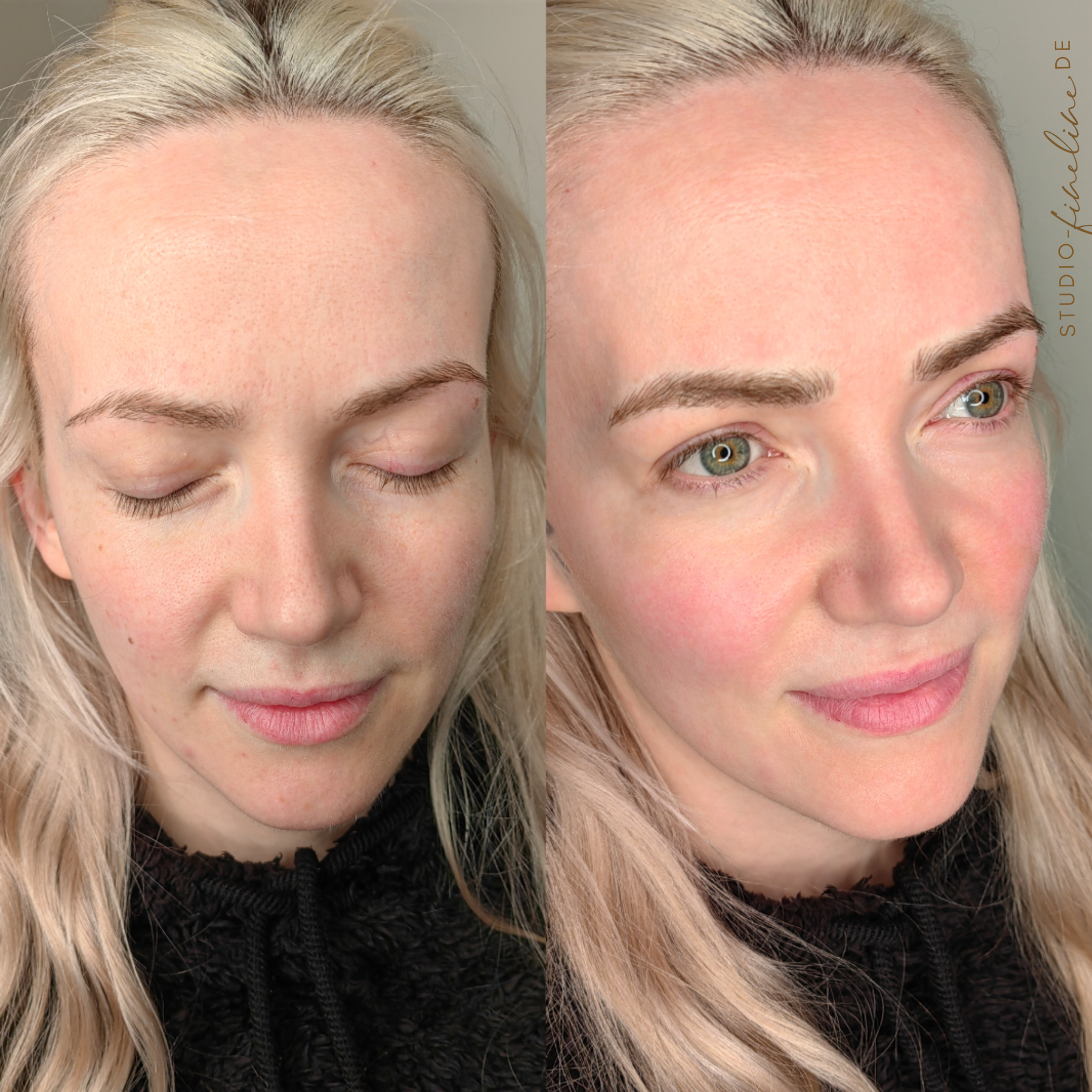 Blonde Frau mit frischer permanenter Makeup-Pigmentierung in der Microblading-Technik im Vorher-nachher-Bild.<br />
